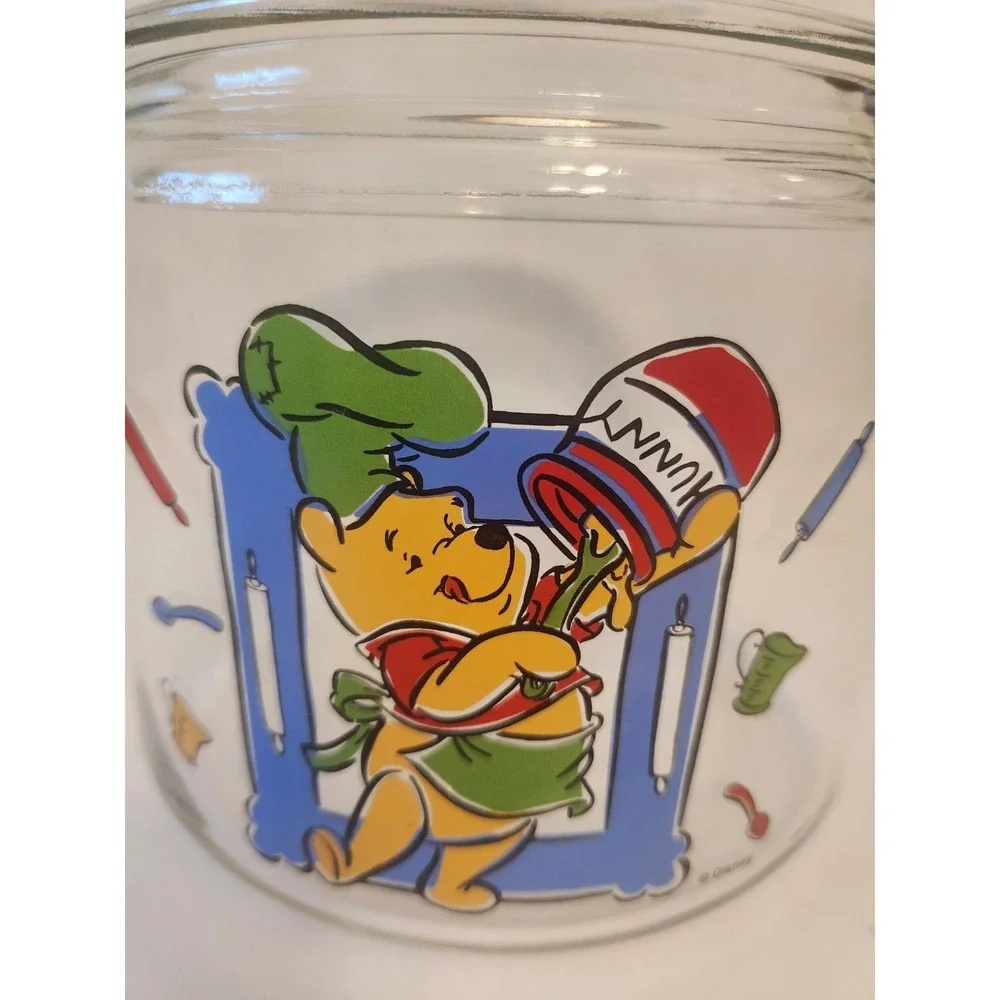 WINNIE THE POOH What's Cooking Glass Cookie Jar Clear Canister Vtg 1990s Disney